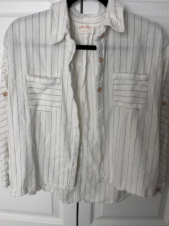 Allie Rose Tops - Lightweight White Button-Down Shirt with Thin Black Stripes